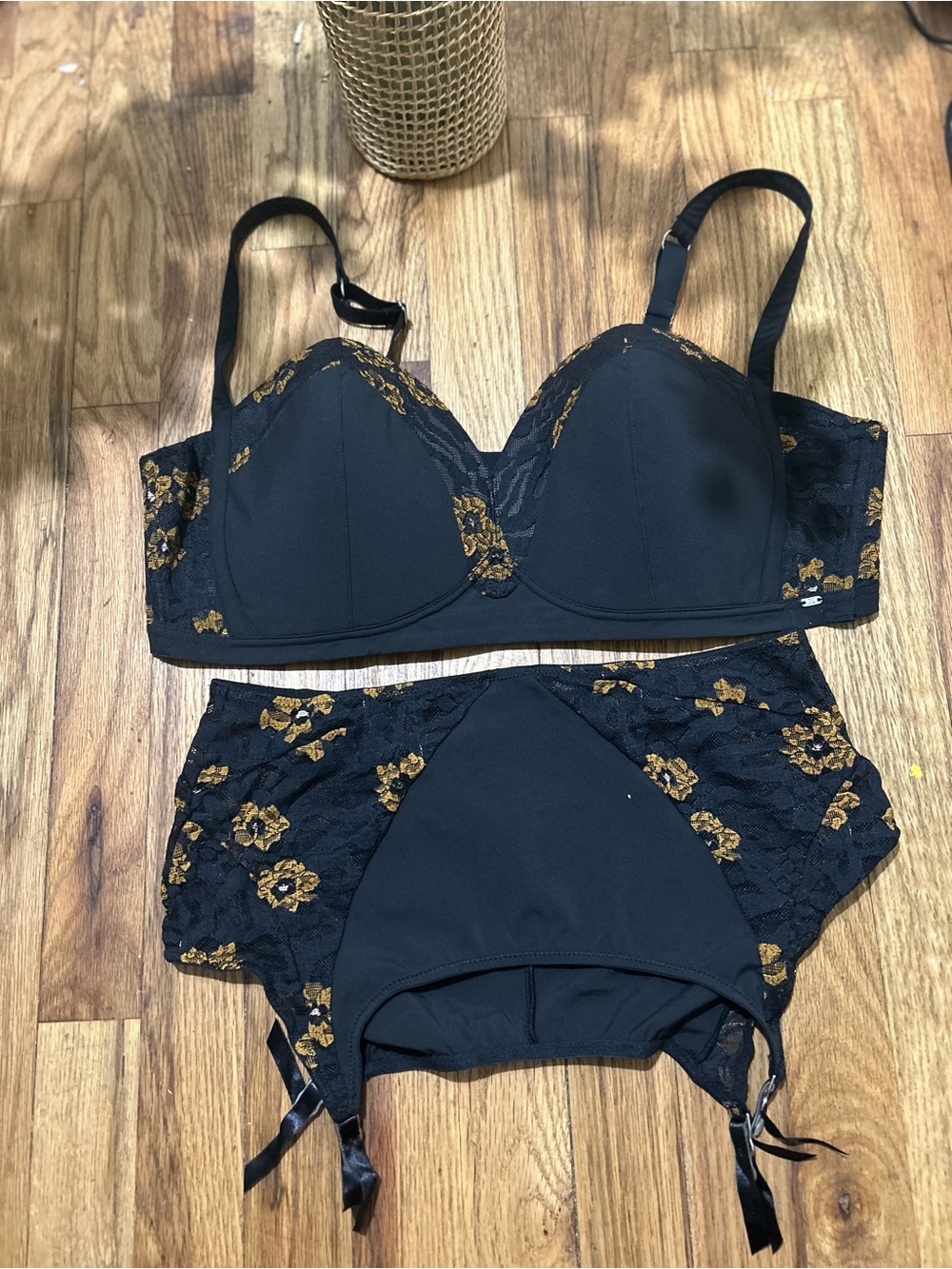 Savage X Fenty Black Bra & Lace garter belt with Gold Floral Embroidery